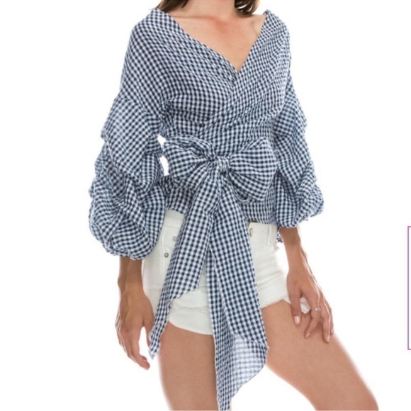 FAVLUX Tops - Blue Gingham Wrap Top
